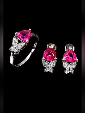 Elegant Genuine Pink Topaz Trillion Butterfly Ring & Earring set in SS Ring sz 9